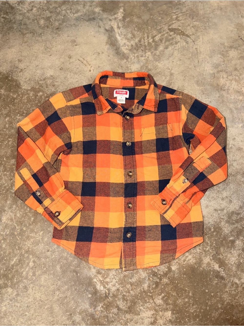 Wrangler Boys 4 Orange Navy Plaid Flannel Shirt Thanksgiving Fall Pumpkin Patch